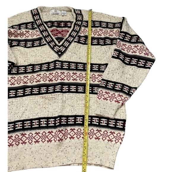 Vintage 100% Cotton Neutral Tone Aztec Tribal Print V-neck Knit Sweater - Picture 2 of 7